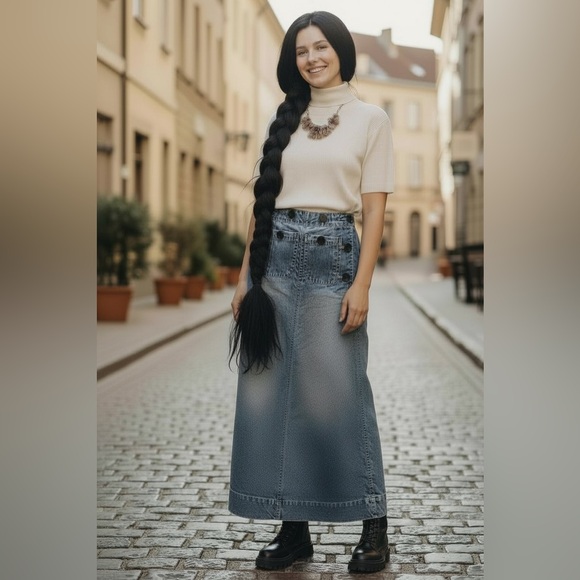Jeanology Vintage High-Waisted Button Detail Denim Maxi Skirt - Picture 2 of 8
